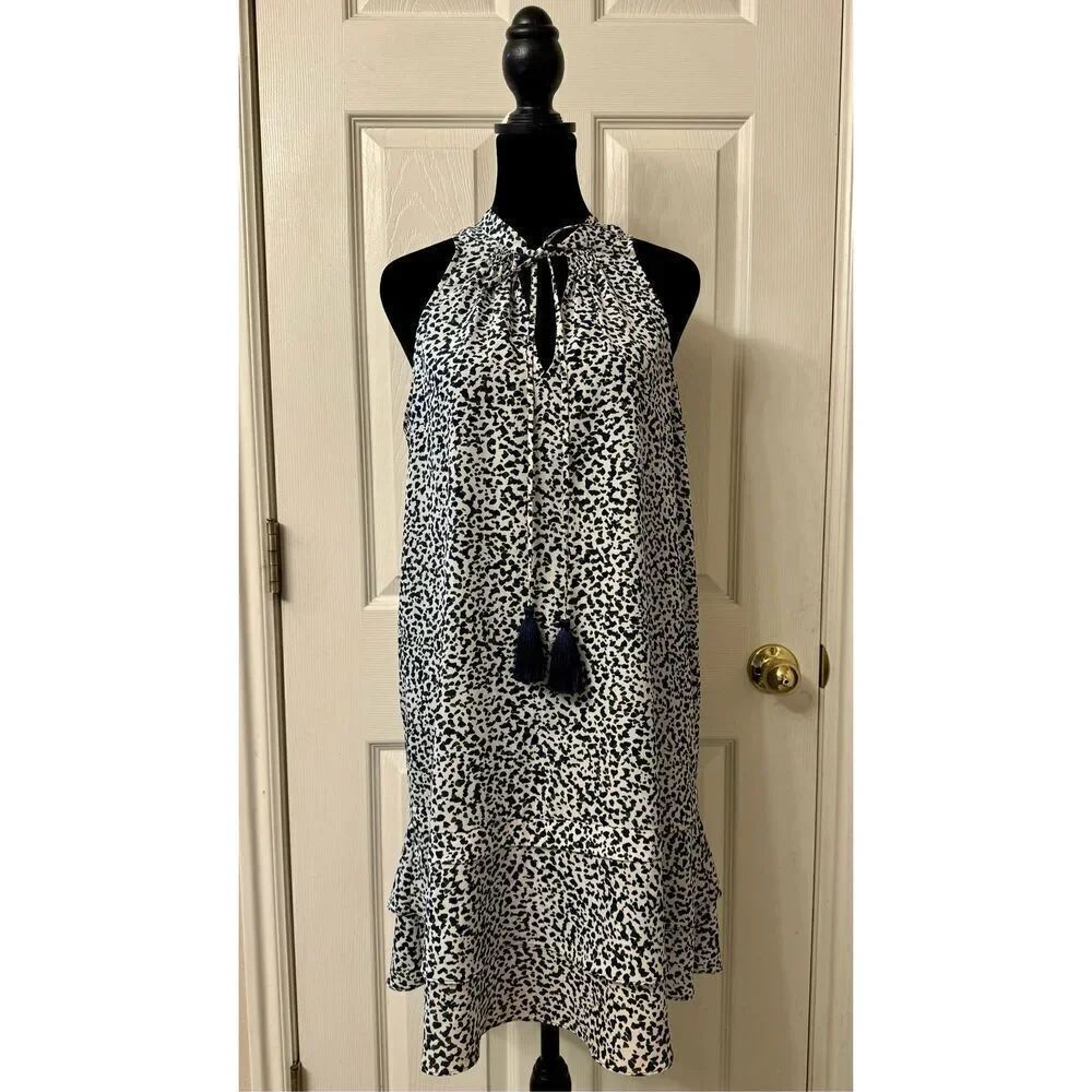 NWOT Likely Tassle Neck Tie Blue & Green Speckled Ruffle Tiered Boho Dress M